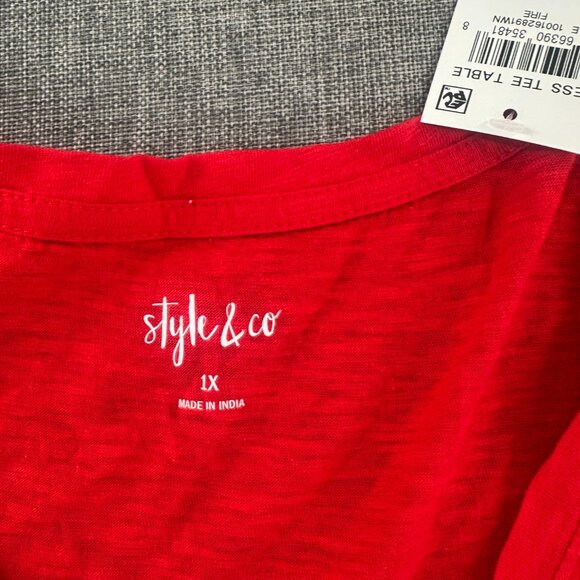 Style & Co Basic Red Shirt Lightweight Plus 1X Cotton Blend Short Sleeve V-Neck - Picture 4 of 10